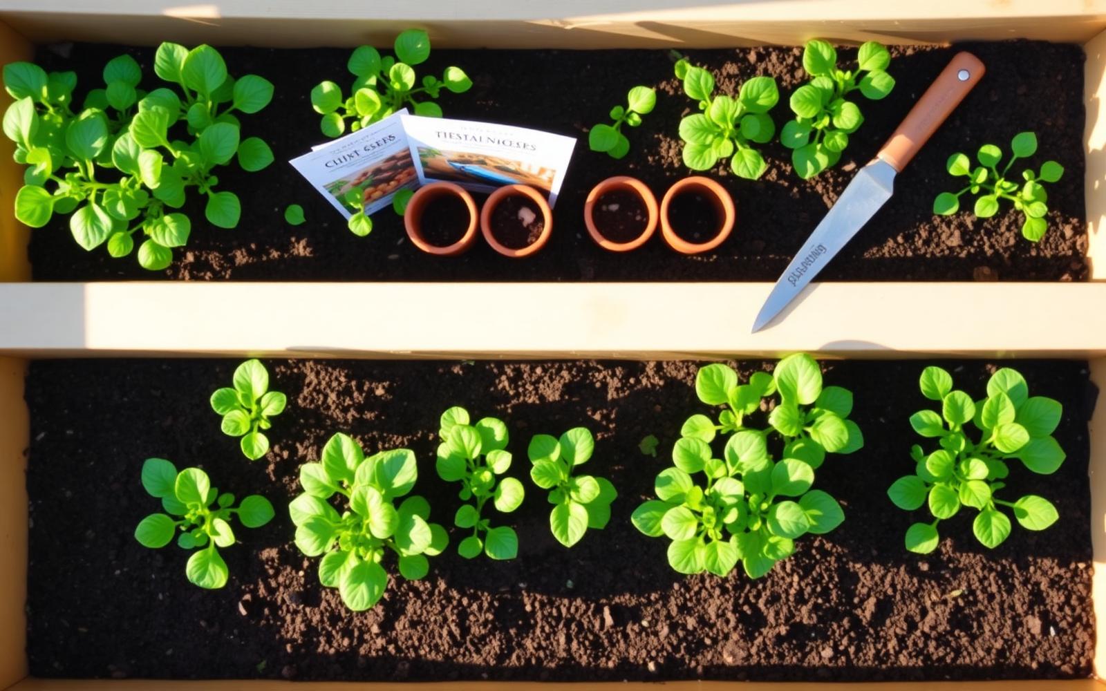 Overhead view of a raised garden bed with seedlings and seed packets